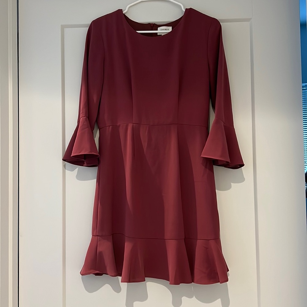 Small Maroon Mini Long Flutter Sleeve Dress